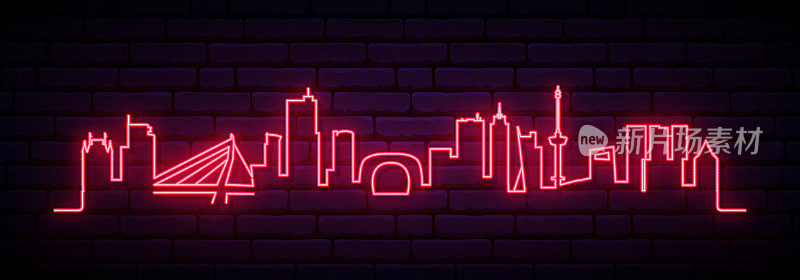 Red neon skyline of Rotterdam. Bright Rotterdam City long banner. Vector illustration.